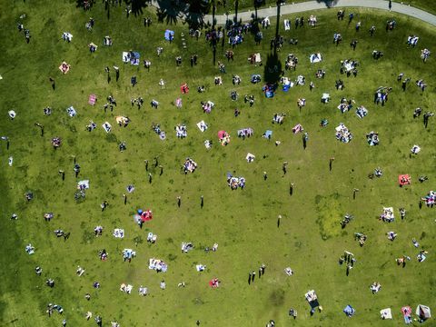 Pemandangan di atas orang-orang di taman kota pada hari musim panas, duduk, berdiri, di karpet piknik.