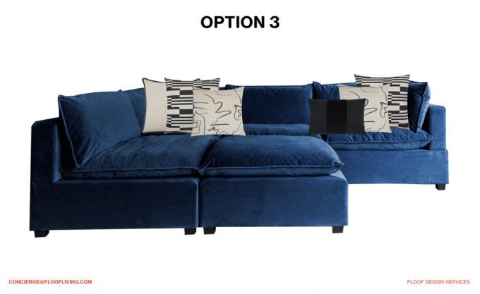 sofa biru dengan bantal putih