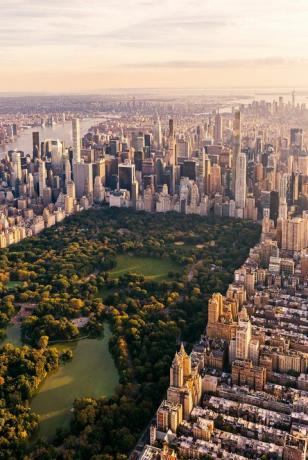 pemandangan udara cakrawala kota new york dengan taman pusat dan manhattan, usa