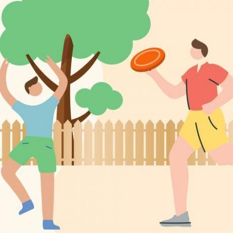 ilustrasi pria bermain frisbee dengan anak-anak