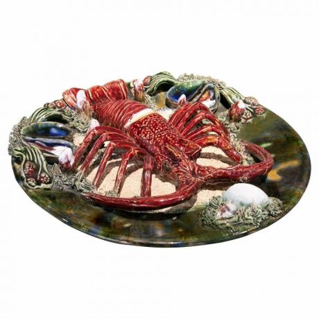 Piring Tembikar Antik Portugis Gaya Majolica Lobster Wall Dish, 1900