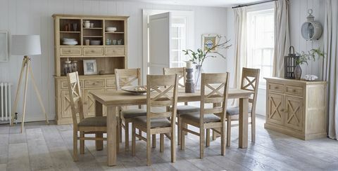 Oak Furniture Land Coastal French-Wash Solid Oak 5ft x 3ft Memperpanjang Meja Makan + 6 Kursi Makan Pesisir