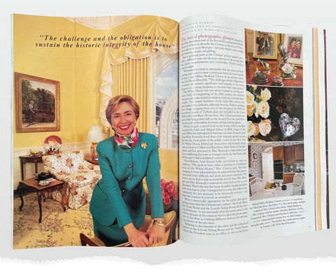 rumah putih era clinton yang dirancang oleh kaki hockersmith, seperti yang terlihat di house beautiful's march edisi 1994