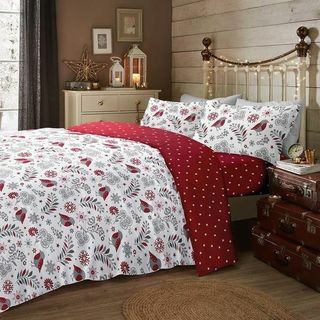 Scandi Christmas Robin Brushed Cotton Bedding Set Merah