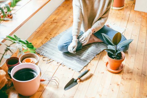 Wanita mengenakan sarung tangan berkebun