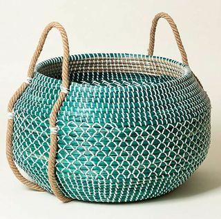 Teal Blue Round Seagrass Storage Basket Besar